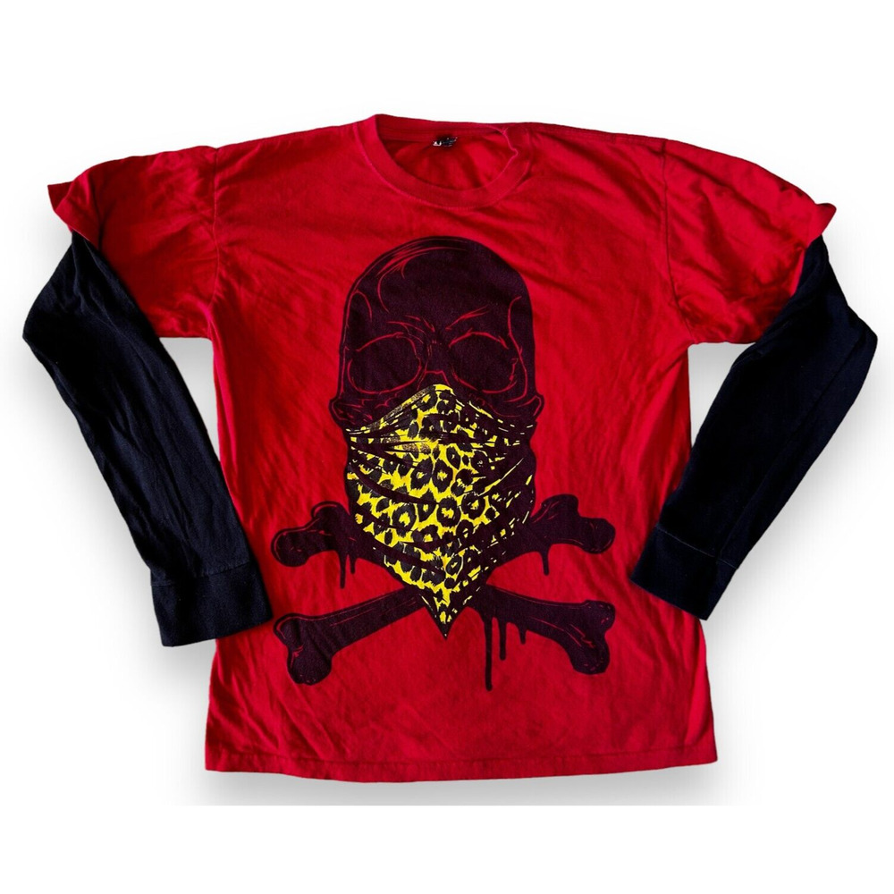 Vintage LUCTUS BANDANA SKULL Long Sleeve T-Shirt Gangster Medium Red Black Tee